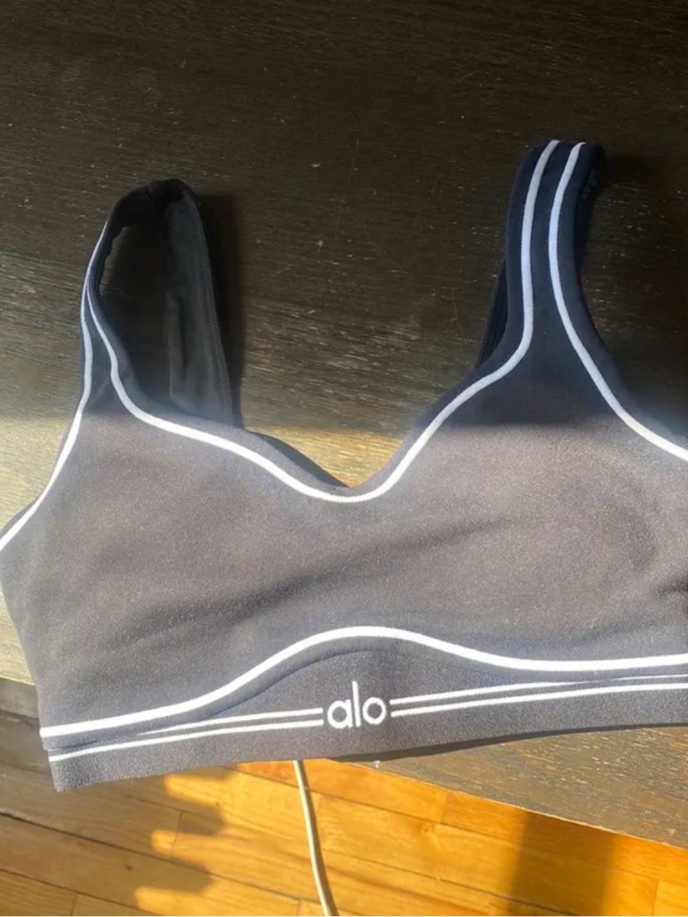 Alo Black Airbrush Heart Throb Sports Bra with White Piping
